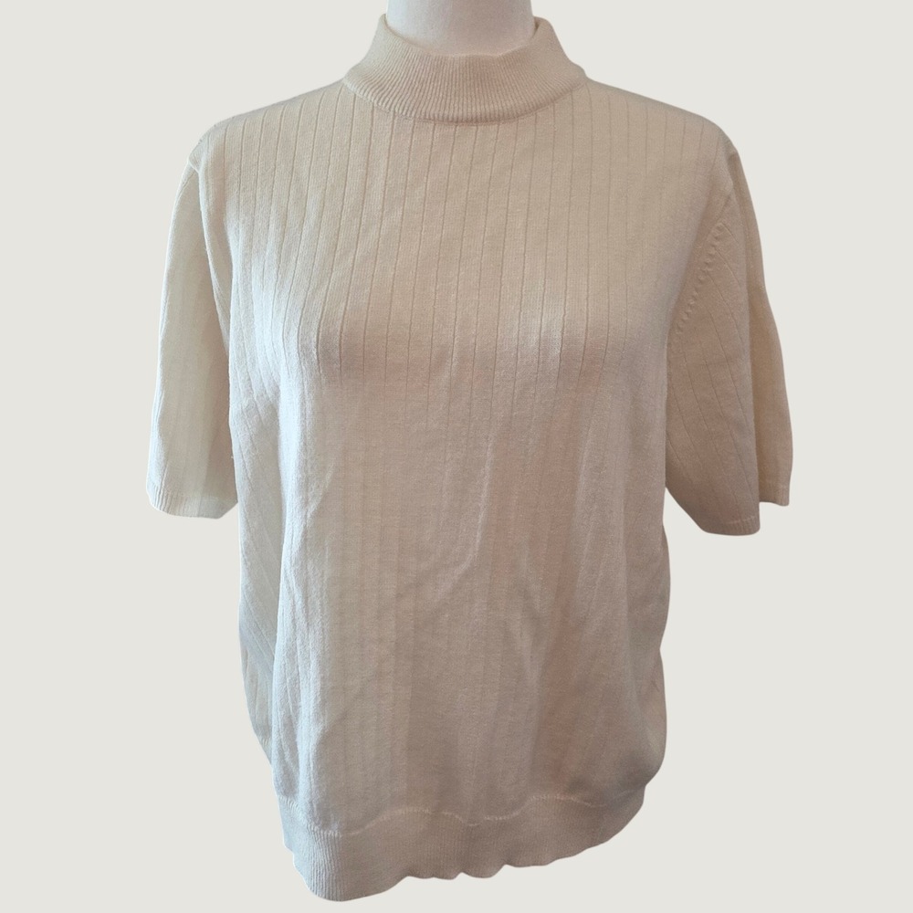 Sag Harbor Top Sweater Short Sleeves White Shimmer Mock Neck Autumn Vintage XL
